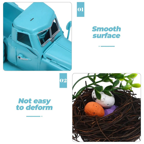 Detail of Totally Farmhouse Easter Truck With Eggs Mini Diecast Vintage Pickup Decor's smooth surface and nest with eggs.
