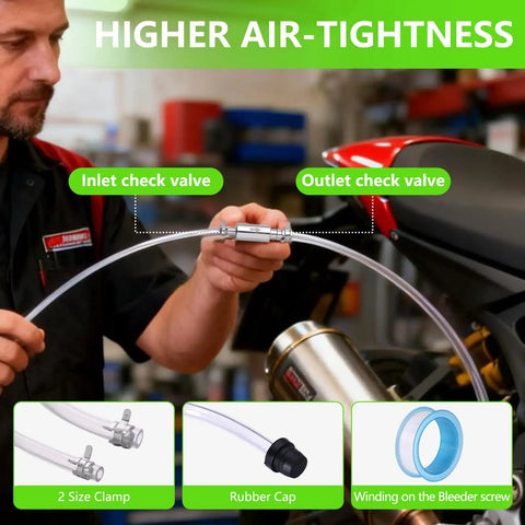 Man using Pro Grade Brake Bleeder Kit for Hydraulic Disc and Clutch Systems 2 Pack with inlet and outlet check valves