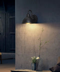 Built Tough Black Metal Barn Light With Sturdy Gooseneck Arm, Rain Or Shine Farmhouse Outdoor Porch Lantern mounted on wall.
