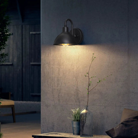 Built Tough Black Metal Barn Light With Sturdy Gooseneck Arm, Rain Or Shine Farmhouse Outdoor Porch Lantern mounted on wall.