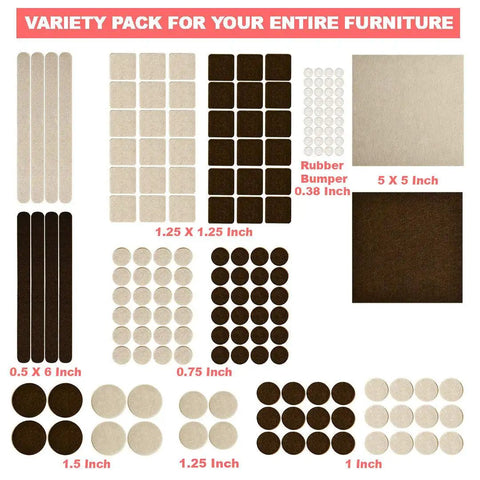 Top Shelf Furniture Felt Pads 165 Piece Bundle with various shapes and sizes for floor protection, ideal for hardwood and laminate.