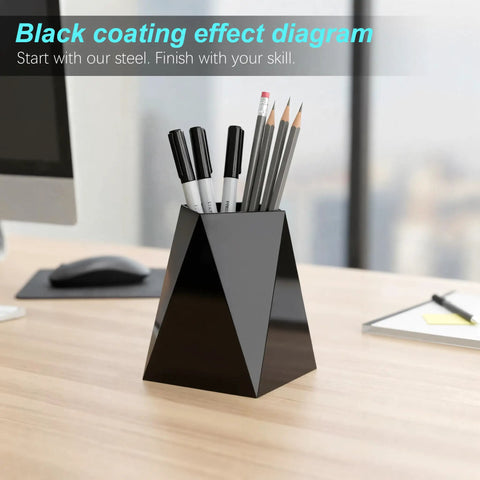 Black coated pen holder on desk from Coupons Included No Frills Welding Practice Kit Two 17 Gauge Mild Steel Pen Holder Projects