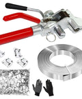 Heavy Duty Steel Banding Strapping Kit With Integrated Ratcheting Tensioner Cutter For Pallet Packing Includes One Hundred Pieces High Strength Buckles And Three Quarter Inch By One Hundred Foot Coil, tools and supplies.