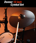 Mute Cymbal Expansion Kit For Electric Drum Set With 12 Inch Cymbals Heavy Duty Iron Bracket Signal Cable And Rack Clamp Delivers Wider Sound Range And Ultra Stable Tone On Any Rack Position For DED 200 400 500 Expansion shown with drumstick and size measurement.