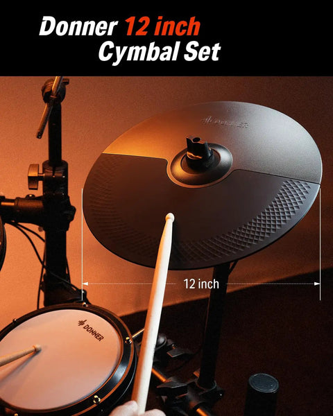 Mute Cymbal Expansion Kit For Electric Drum Set With 12 Inch Cymbals Heavy Duty Iron Bracket Signal Cable And Rack Clamp Delivers Wider Sound Range And Ultra Stable Tone On Any Rack Position For DED 200 400 500 Expansion shown with drumstick and size measurement.
