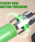 Dual Action PVC Pipe Threading Tool Kit with internal external threads applied to green pipe for quick leak-free joints