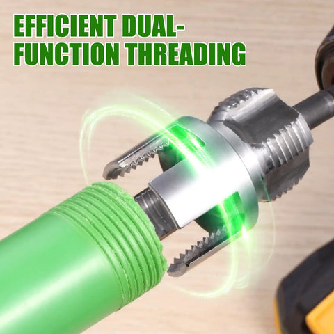 Dual Action PVC Pipe Threading Tool Kit with internal external threads applied to green pipe for quick leak-free joints