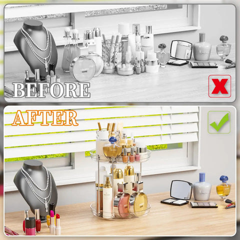 Before and after organization of a desk with Totally Slick No Hassle 360 Spin Vanity Organizer Two Tier Clear Acrylic Rotating Storage.