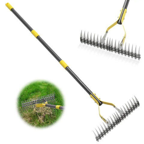 70 Inch Heavy Duty Lawn Thatching Rake With Adjustable Stainless Steel Handle For Dethatching Leaves And Loosening Soil In Your Yard And Garden Durable Metal Rake For Backyard Turf Care