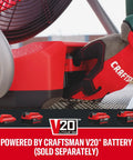 V20 Max Cordless 12 Inch Portable Fan with Dual Power Battery or AC, 1400 CFM, showing Craftsman V20 battery compartment