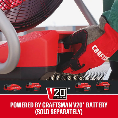 V20 Max Cordless 12 Inch Portable Fan with Dual Power Battery or AC, 1400 CFM, showing Craftsman V20 battery compartment