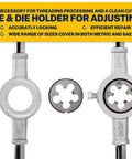 Die and die holder from 80 Pc SAE And Metric Tap And Die Kit Master Threading Tool Set For External And Internal Threads Includes 34 Common SAE And Metric Sizes Ideal For Cutting New Threads On Steel, Copper, Aluminum, Cast Iron And More, Great For Repairing Rusty Bolts