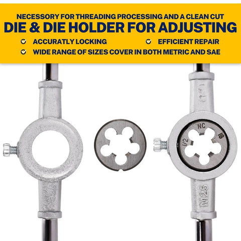 Die and die holder from 80 Pc SAE And Metric Tap And Die Kit Master Threading Tool Set For External And Internal Threads Includes 34 Common SAE And Metric Sizes Ideal For Cutting New Threads On Steel, Copper, Aluminum, Cast Iron And More, Great For Repairing Rusty Bolts