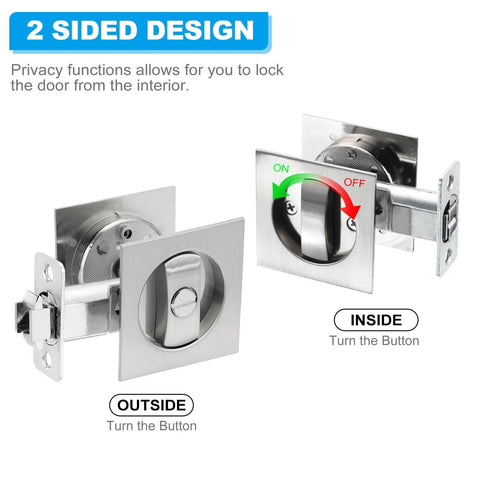 Recessed Pocket Door Lock with Two Sided Privacy Latch for Bathroom Bedroom Barn Doors, Invisible Sliding Door Hardware, Silver Finish