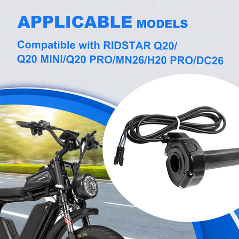 Full Twist Ebike Throttle With Rolling Bearing And 59 Inch Cable, Plug And Play Grip Kit displayed beside compatible bikes