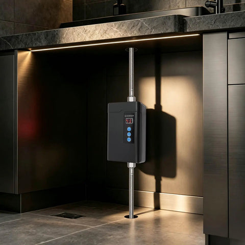 Bulletproof 3000W Tankless Water Heater With LCD Screen, mounted in kitchen, showcases black unit with digital display and pipes.