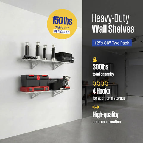 Heavy Duty Steel Garage Wall Shelves 2 Pack With Solid Built In Hooks White Wall Mounted Rack Holds Up To 300 Pounds Tool Storage Organizer For Bikes And Daily Gear 12 X 36 Inches