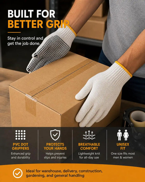 Person wearing 48 Pairs PVC Dotted Knit Work Gloves For Men And Women Non Slip Cotton General Purpose Gloves Bulk Pack gripping a box