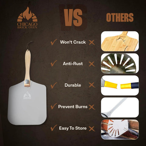 Chicago Brick Oven aluminum pizza peel with foldable wooden handle.