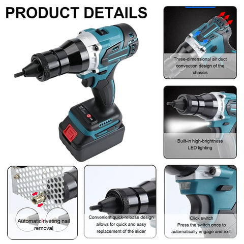 Cordless Automatic Rivet Gun With 26V Battery Brushless Electric Blind Rivet Nut Tool Kit Portable Rivet Nut Kit For Aluminum Iron Steel Lightweight No Fuss Easy One Hand Operation For Fast Clean Assembly On The Go, blue cordless drill-style tool with battery base