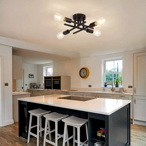 Semi Flush Mount 4 Light Ceiling Chandelier Matte Black With E26 Base in modern farmhouse kitchen