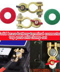 Two Pack Solid Brass Battery Terminal Connectors Top Post End Clamps For Cars And Marine Color Coded Wing Nuts shown in use