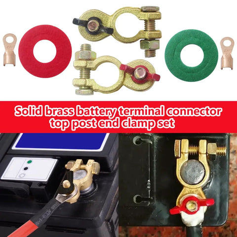 Two Pack Solid Brass Battery Terminal Connectors Top Post End Clamps For Cars And Marine Color Coded Wing Nuts shown in use