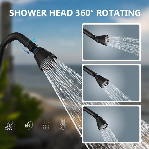 Outdoor Shower Kit With High Pressure Showerhead 2 Handle Exposed Faucet System Brass Mixing Valve 6 Inch Center Soap Dish Matte Black Finish Solid Brass Head And Valve Stainless Steel Pipe For Poolside Beach Resort Courtyard