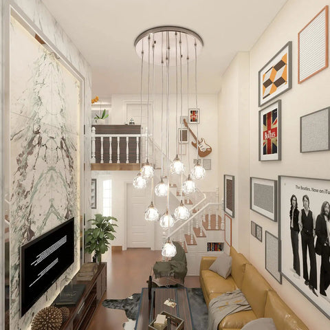 10 Light Stair Crystal Chandelier With Raindrop Globe Glass Ceiling Lighting In Nickel Finish For Dining Room Living Room Hallway Staircase And Loft Lit Postmodern Pendant Light Fixture over staircase in contemporary living room.