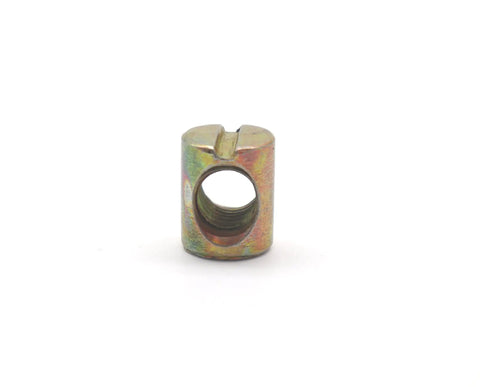 Heavy Duty M8 Barrel Nuts Killer Two Piece Connectors For DIY Woodworking Furniture Makeovers Couch Frames Crib Fixes And Chair Restorations Zinc finished barrel nut close-up image.