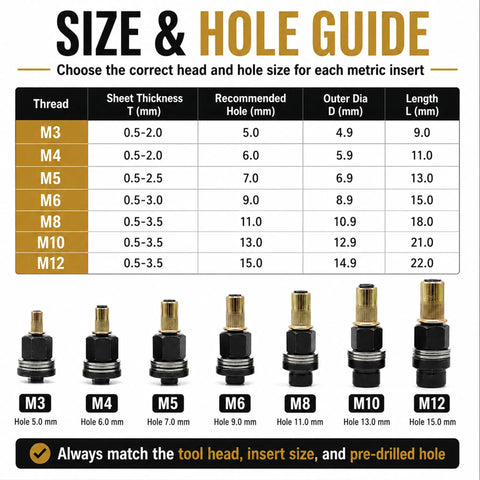 Heavy Duty Carbon Steel Rivet Nut Tool Set With M12 Head And 10 Rivet Nuts Handy Workshop Kit For Metal Assembly Equipment Repair Home Improvement And Pro Style Fastening size and hole guide chart