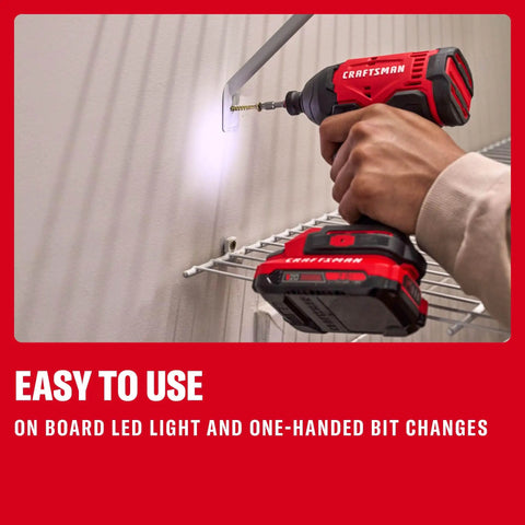 Cordless Quarter Inch Impact Driver Kit With 2Ah Lithium Battery, LED light in use for shelving installation