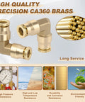Brass 1/4 Inch 90 Degree Swivel Union Elbow Air Line Connector DOT Approved Five Pack For Pneumatic Tools Built Tough Pro Grade CA360 Brass Fittings, 250 PSI Max, Wide Temperature Range From Minus 40F To 160F, Corrosion Resistant. Brass 90-degree air line elbow fittings shown with CA360 brass finish.