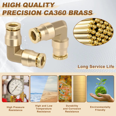 Brass 1/4 Inch 90 Degree Swivel Union Elbow Air Line Connector DOT Approved Five Pack For Pneumatic Tools Built Tough Pro Grade CA360 Brass Fittings, 250 PSI Max, Wide Temperature Range From Minus 40F To 160F, Corrosion Resistant. Brass 90-degree air line elbow fittings shown with CA360 brass finish.