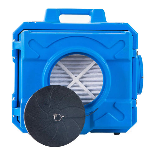 Front view of the Workhorse 500 CFM HEPA Air Purifier and Negative Air Scrubber with filter and blue rotomolded plastic housing.