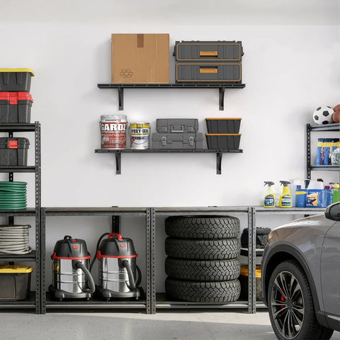 Two Pack Wall Mounted Garage Shelving Delivers Bulletproof 700 Lb Heavy Duty Capacity While Keeping Your Premium Power Gear Stacked Tight Without Any Hassle