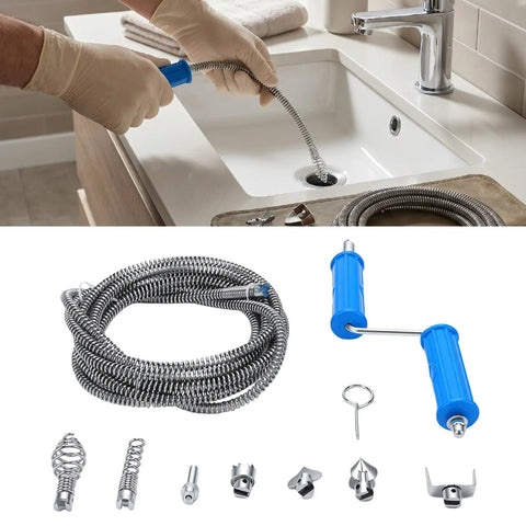 Heavy Duty Three Meter Drain Snake Knock Out Nasty Gunk And Stubborn Clogs In Kitchen Sinks And Bathroom Showers With Sturdy Alloy Steel Spring For Stress Free Plumbing Jobs Any Day in use to clear a sink.