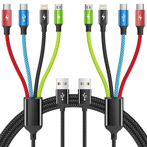 4 in 1 Multi Charging Cable for Car and Travel On The Go 2 Pack 5Ft Nylon Braided USB C USB A Micro Cables Tangle Free Fast Charge Universal Charger for iPhone Android iPad and More