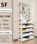 Three In One Tree Storage Bench With Industrial Shoe Rack And Eight Hooks Space Saving Organizer with dimensions and accessories.