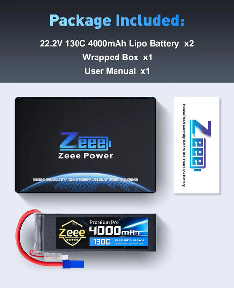 Beefy 6S LiPo Battery 4000mAh 22.2V 130C With EC5 Connector package contents displayed, includes battery and manual