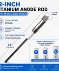 12-inch titanium anode rod for water heaters, fits 40 to 89 gallons, designed to eliminate rotten egg smell and prevent corrosion.