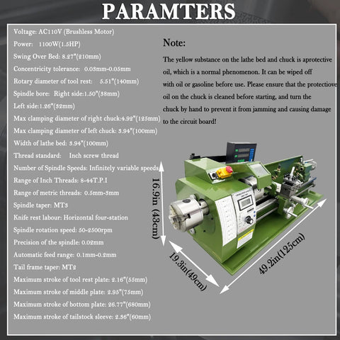 Green metal bench lathe with digital readout and tool post