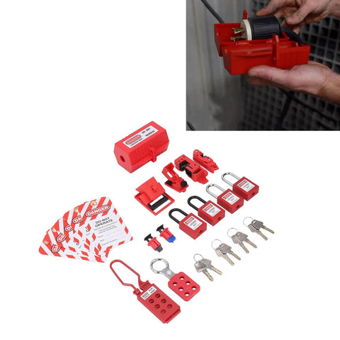 Boss Level Electrical Lockout Tagout Kit With Safety Locks Hanging Tags Key Storage Bags For Machines To Prevent Accidents Short Circuits Fires In Industry Using Abs Brass Steel Nylon Gear That Looks Sharp Is The Real Deal And Ready To Go. red electrical lockout kit with padlocks, tags, keys, and plug cover