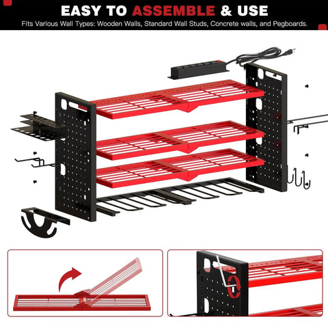Power Tool Organizer Wall Mount With UL Certified 6 Outlet Charging Station 4 Layer 6 Slot Cordless Drill Holder And Angle Grinder Holder Red Heavy Duty Garage Workshop Storage, shown disassembled with red shelves and black side panels on a white background.