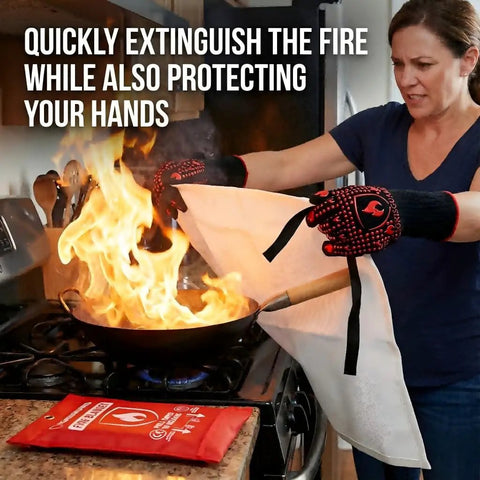 Person using 4 Pack 40x40 Inch Fiberglass Fire Blankets With 1 Pair Fire Resistant Gloves And 4 Hooks For Emergency Home And Kitchen Fire Suppression Grease And Electrical Fires RV And Camping on a stove fire