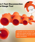 Depth And Diameter Gauge Tool For Pipe Fittings Push To Connect Deburring And Removal Tool For PVC PPR Brass CPVC PERT Aluminum Six Sizes From 1/4 Inch To 1 Inch in bright orange, showing multiple size options.