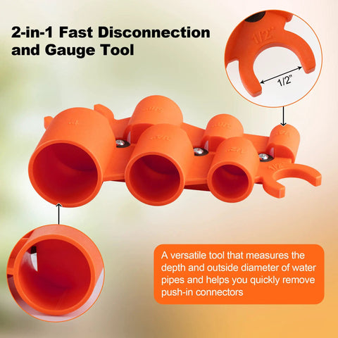 Depth And Diameter Gauge Tool For Pipe Fittings Push To Connect Deburring And Removal Tool For PVC PPR Brass CPVC PERT Aluminum Six Sizes From 1/4 Inch To 1 Inch in bright orange, showing multiple size options.