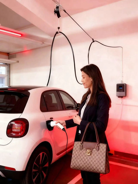 Straight Up Genius For Home EV Charging With This Overhead Retractable Cord Reel Boasting A Spacious 6.6 Foot Reach in a garage.