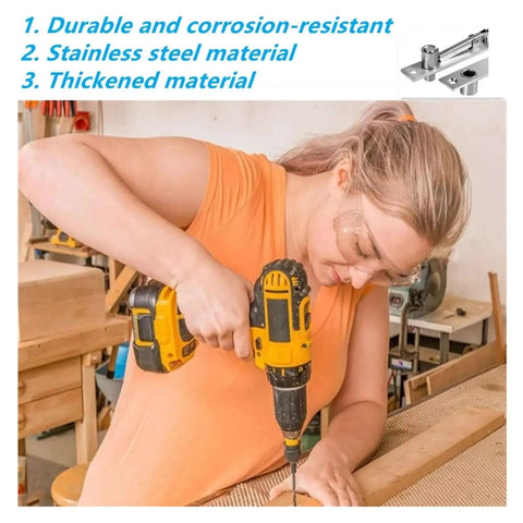 Person installing Heavy Duty Pivot Door Hinge Set, Stainless Steel Hidden Door Hinges for secret bookshelf doors using a drill.