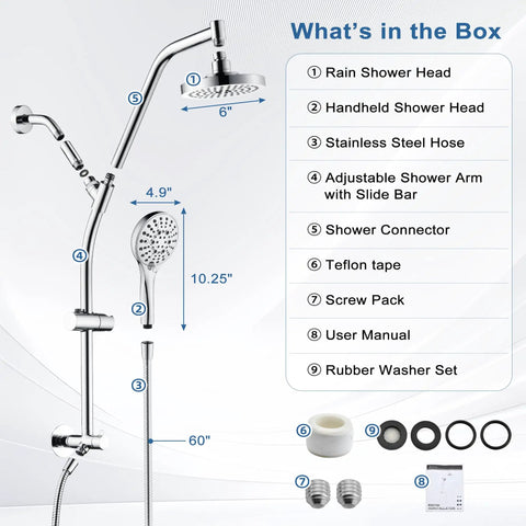 Image showing Rain Shower Head With Handheld Combo, High Pressure Dual Shower System With Sliding Bar, components labeled